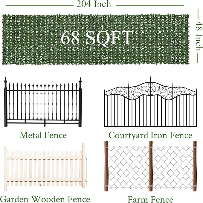 Artificial Ivy Privacy Fence Screen: 48"x 204" (68 Sqft) Anti-Ultraviolet Artificial Hedge Grass Wall, Used for Indoor and Outdoor Green Background, Garden Greening Decoration