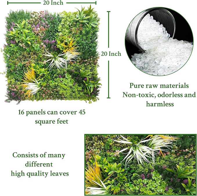 ODTORY Artificial Greenery Grass Wall Panels: 20''x 20'' 16P UV-Anti Faux Ivy Privacy Fence Screen Backdrop Boxwood Vine Leaf Hedges for Patio, Balcony, Garden, Backyard Green Decor