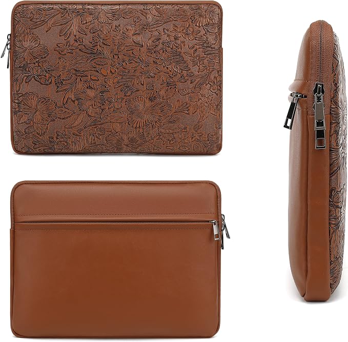 Embossing Floral Pattern PU Leather Laptop Sleeve Case with Pocket for MacBook Air 15 inch and 15 inch-15.6 inch HP, Lenovo, Dell, ASUS, Acer Notebook Computer (Coffee)
