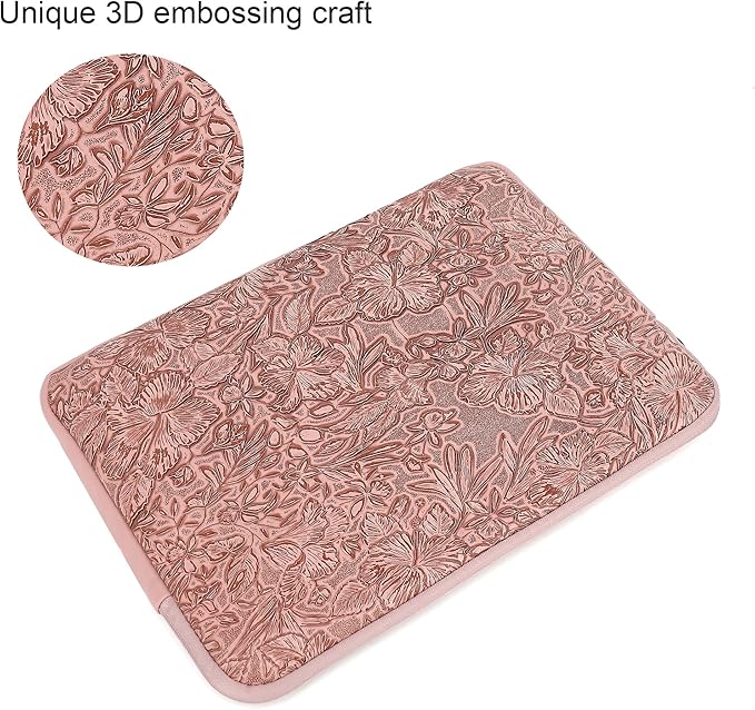 Embossing Floral Pattern PU Leather Laptop Sleeve Case with Pocket for MacBook Air 15 inch and 15 inch-15.6 inch HP, Lenovo, Dell, ASUS, Acer Notebook Computer (Pink Brown)
