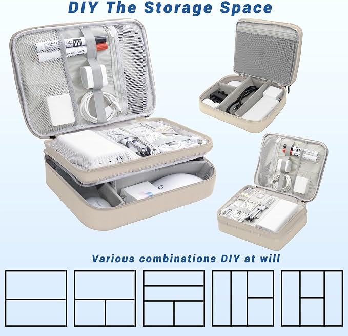 Electronics Organizer, Portable Cable Organizer Bags, Waterproof Electronic Accessories Storage Case for Cables, Cords, Charger, Phone (Three Layer-Beige)