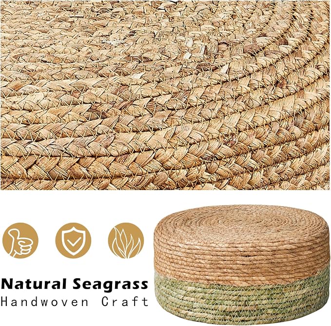Cpintltr Ottoman Natural Seagrass Footrest Poufs Hand Weave Round Foot Stool for Couch Desk Soft Step Stool Padded Foot Rest with Pine Legs for Living Room Bedroom Natural/Green