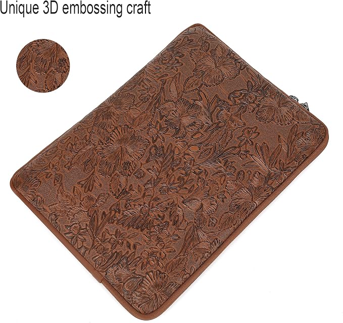 Embossing Floral Pattern PU Leather Laptop Sleeve Case with Pocket for MacBook Pro 14 inch and 14 inch-14.4 inch HP, Lenovo, Dell, ASUS, Acer Notebook Computer (Coffee)