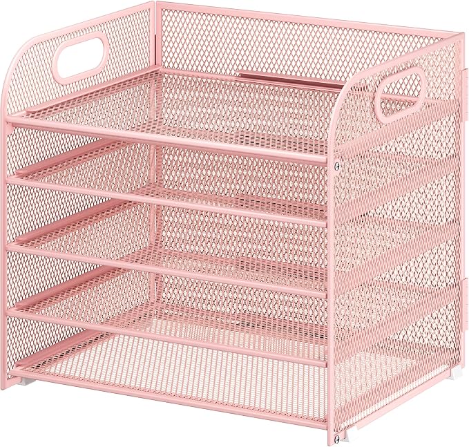 Cawukege 5 Tier Paper Organizer with Handle, Pink Metal Mesh Desk Organizer File Folder Paper Letter Tray Desktop Document Sorter for Classroom, School, Office Accessories Organization and Storage