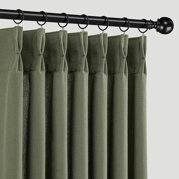 Memory Trained Pinch Pleated Curtains 108 Inches Long, Linen Pinch Pleat Sheer Curtains with Ring Hooks&Clips for Track System Living Room, Oliver Green Light Filtering Privacy Curtain 2 Panel Set