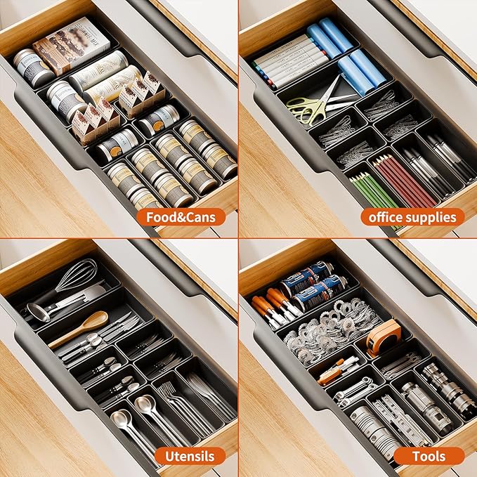 5 Sizes Tool Drawer Organizer - 69 PCS Tray, Desk Drawer & Rolling Tool Chest Organizer (Black)