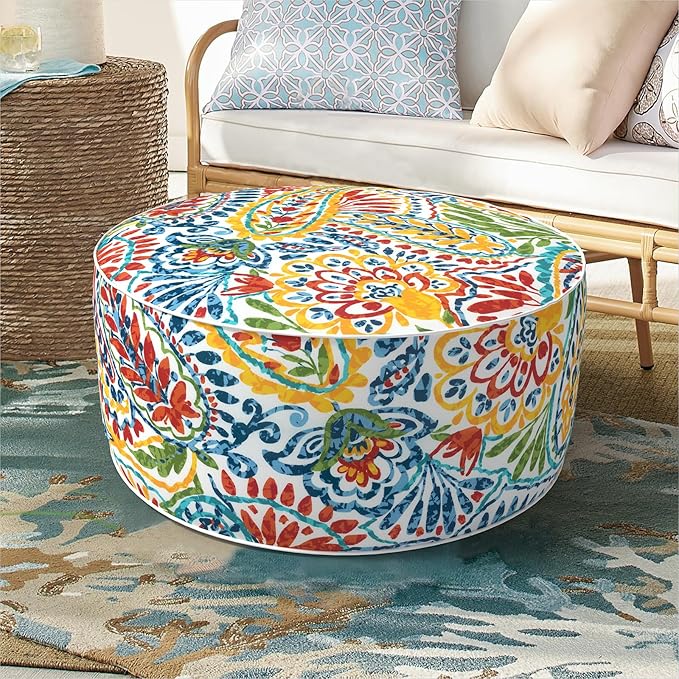DYTXIII Inflatable Ottoman Stool D21 xH9 for Outdoor/Indoor Use, Water Repellent Patio Foot Rest Stool with Portable Handle,Round Pouf Ottoman Suitable for Garden,Deck and Camping - Paisley Multi