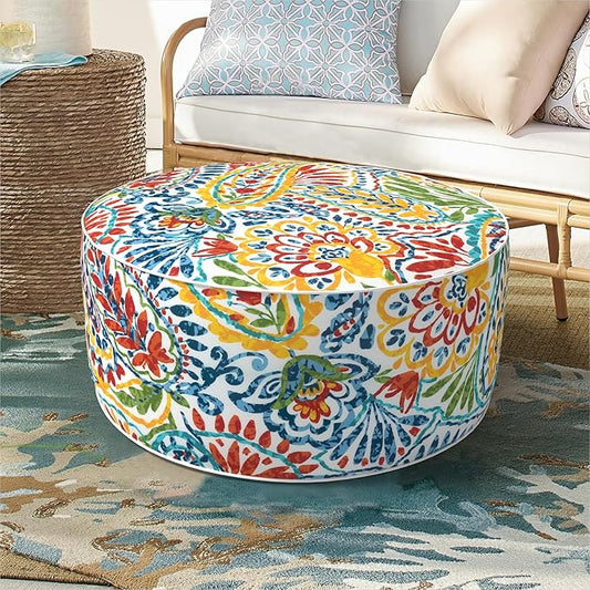 DYTXIII Inflatable Ottoman Stool D21 xH9 for Outdoor/Indoor Use, Water Repellent Patio Foot Rest Stool with Portable Handle,Round Pouf Ottoman Suitable for Garden,Deck and Camping - Paisley Multi