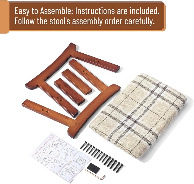 BAMBOO LAND- Bamboo Foot Stools Ottoman, Beige Cushion & Brown Wood Legs, Small Ottoman Foot Rest for Couch