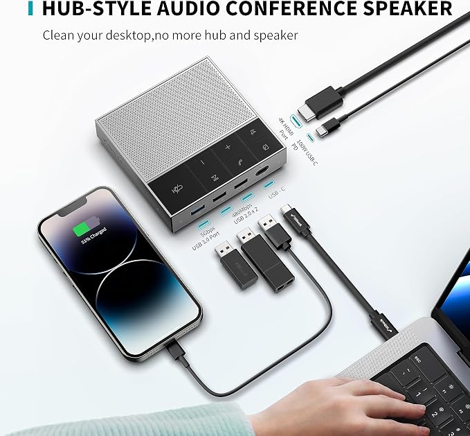 HiDock Conference Speaker and Microphone with Mute/Project, Enhanced Voice Pickup & Full Duplex Noise Cancelling Speakerphone, Omnidirectional USB C Speaker for Home Office Meeting-Grey