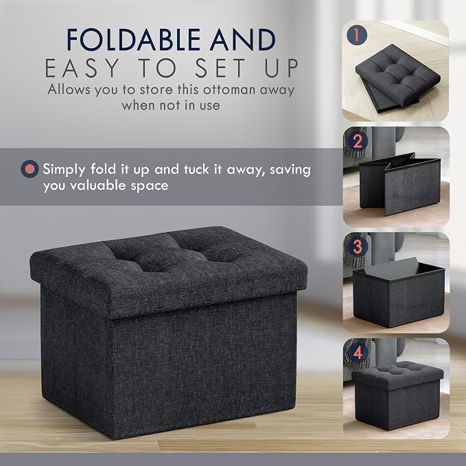 Ornavo Home Small Storage Ottoman, Set of 2, Foldable Collapsible Rectangle Linen Ottoman Foot Rest Stool Seat, for Living Room, Bedroom, Home Office, Dorm - 12 x 16 x 12, Black