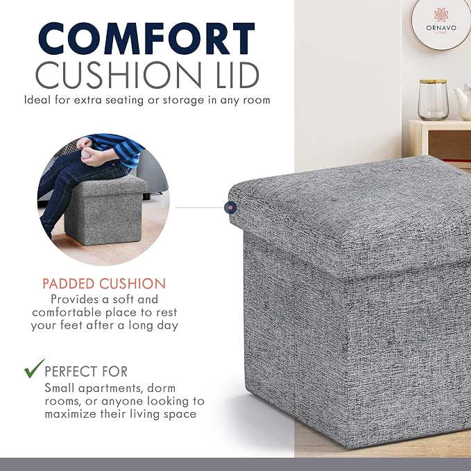 Ornavo Home Small Storage Ottoman, Set of 2 Foldable Collapsible Cube Square Linen Ottoman Foot Rest Stool Seat, for Living Room, Bedroom, Home Office, Dorm - 12 x 12 x 12, Gray