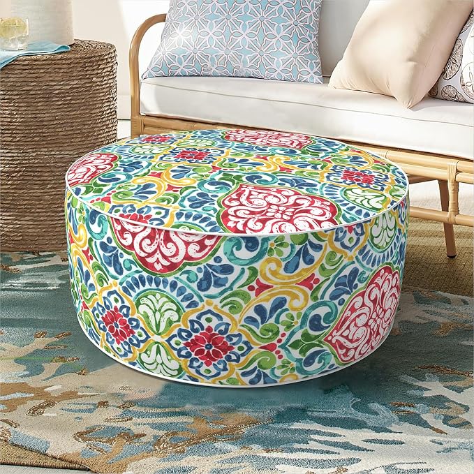 DYTXIII Inflatable Ottoman Stool D21 xH9 for Outdoor/Indoor Use, Water Repellent Patio Foot Rest Stool with Portable Handle,Round Pouf Ottoman Suitable for Garden,Deck and Camping - Damask Red