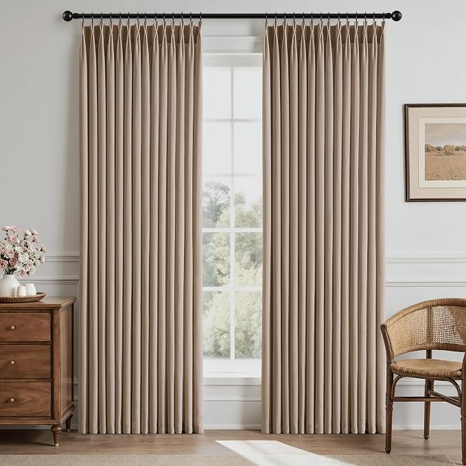 Memory Trained Pinch Pleated Curtains 96 Inches Long, Viral Linen Pinch Pleat Sheer Curtains with Ring Hooks&Clips for Track System Living Room, Taupe Light Filtering Privacy Curtain 2 Panel Set
