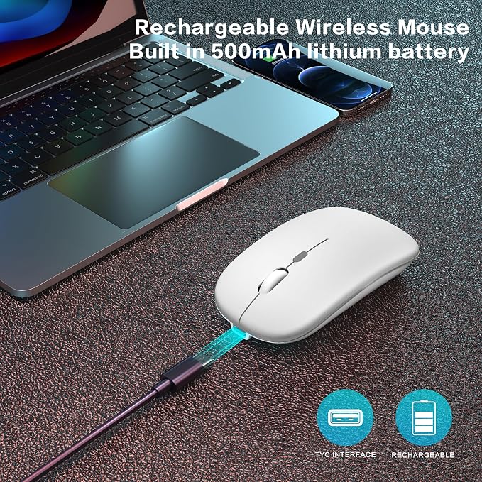 AIKOKOK Wireless Bluetooth Mouse, Rechargeable, Dual Mode Bluetooth 5.2 & 2.4G USB, LED Lights, Slim, Silent, Portable Computer Mouse for Laptop, PC, MacBook, iPad, Tablet (Bright White)