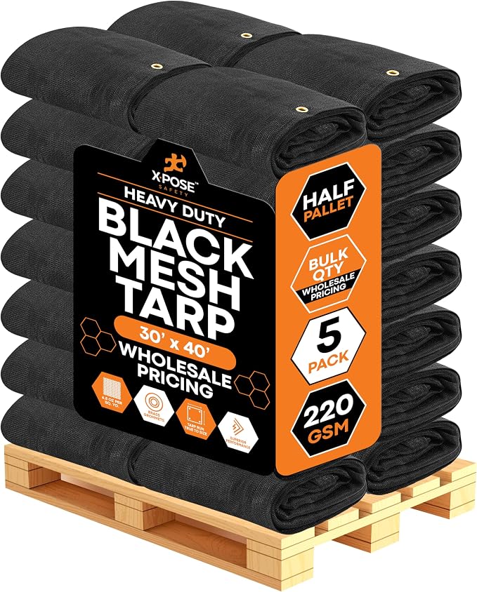 Heavy Duty Mesh Tarp 30' x 40' - Bulk Half Pallet (5 Pack) Multipurpose Black Protective Cover with Air Flow - Use for Shade, Fences, Canopies, Dump Trucks – Weatherproof & Durable by Xpose Safety
