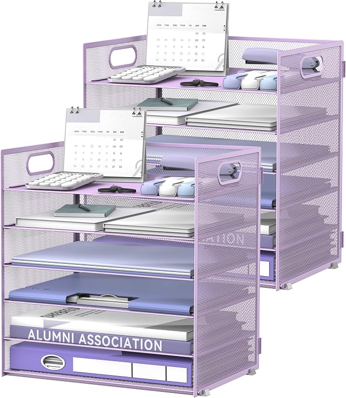 Daltack 6 Tier Paper Organizer for Desk, Paper Letter Tray Organizer for Desks, Mesh Desk File Organizers with Handle for Office, Home, School, Purple, 2 Pack