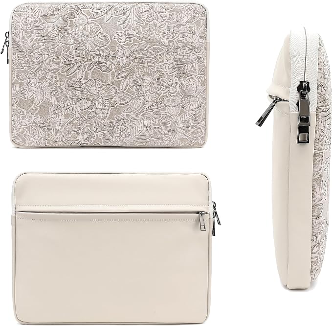 Embossing Floral Pattern PU Leather Laptop Sleeve Case with Pocket MacBook Air 13 inch,iPad Pro 13 inch and 12.5 inch-13.6 inch Notebook Computer Laptop (Ivory White)