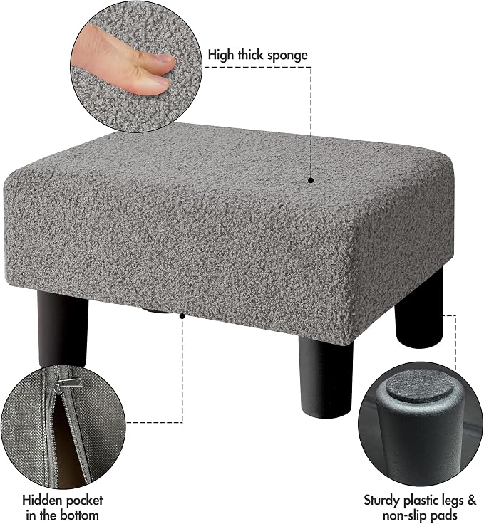 BRIAN & DANY Small Foot Stool Ottoman, Footstool with Legs, Teddy Velvet Foot Rest for Living Room, Bedroom and Office, Grey