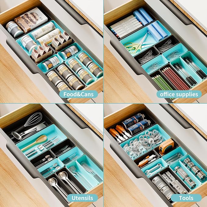 [5 Sizes] [69 PCS] Tool Drawer Organizer, Tool Box Desk Drawer Tray, Rolling Tool Chest, Toolbox Organizer (Black+ Sky Blue)