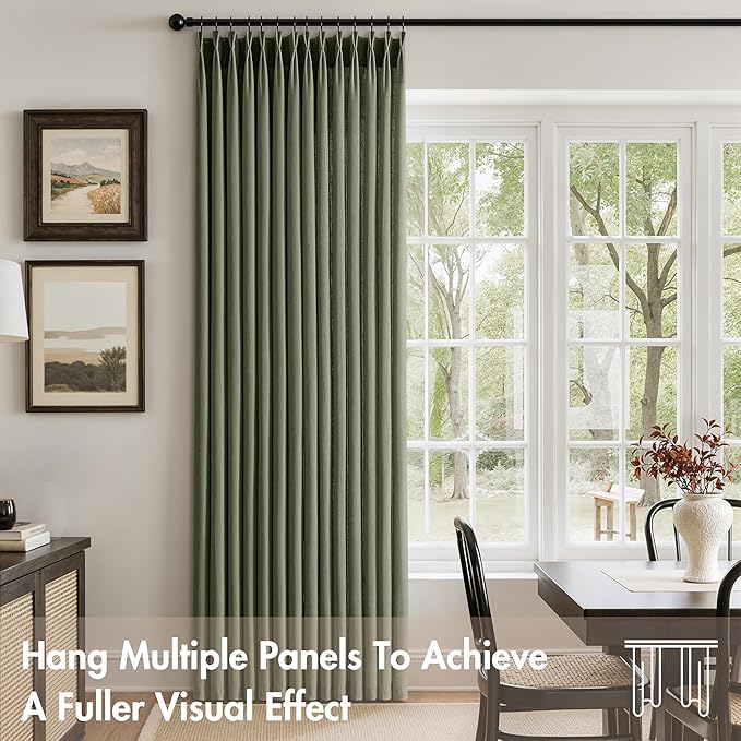 Memory Trained Pinch Pleated Curtains 96 Inches Long, Linen Pinch Pleat Sheer Curtains with Ring Hooks&Clips for Track System Living Room, Oliver Green Light Filtering Privacy Curtain 2 Panel Set