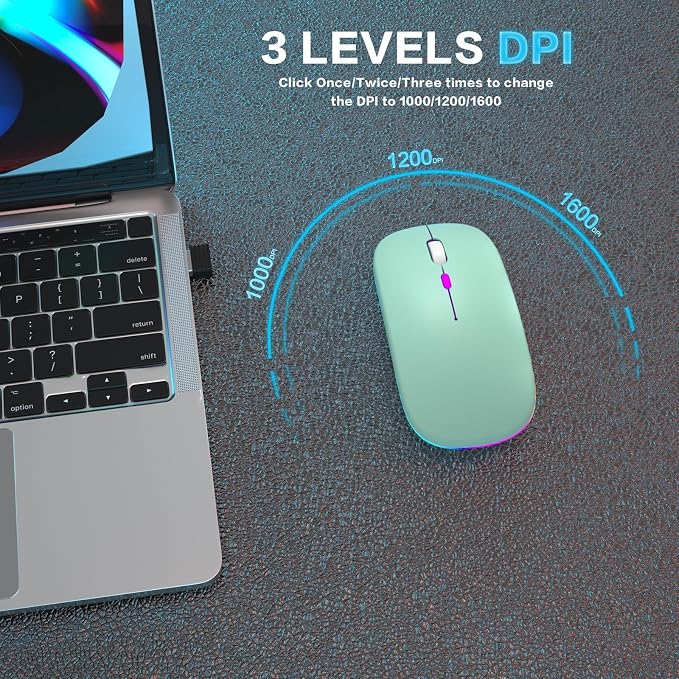 AIKOKOK Wireless Bluetooth Mouse, Rechargeable, Dual Mode Bluetooth 5.2 & 2.4G USB, LED Lights, Slim, Silent, Portable Computer Mouse for Laptop, PC, MacBook, iPad, Tablet (Green)