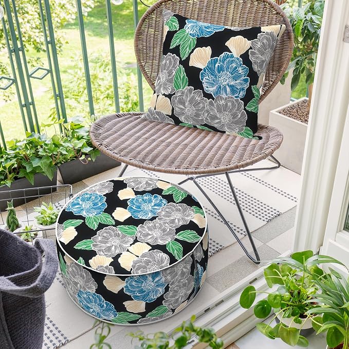 DYTXIII Inflatable Ottoman Stool D21 xH9 for Outdoor/Indoor Use, Water Repellent Patio Foot Rest with Portable Handle,Round Pouf Ottoman Suitable for Garden,Deck and Camping-Peony Garden