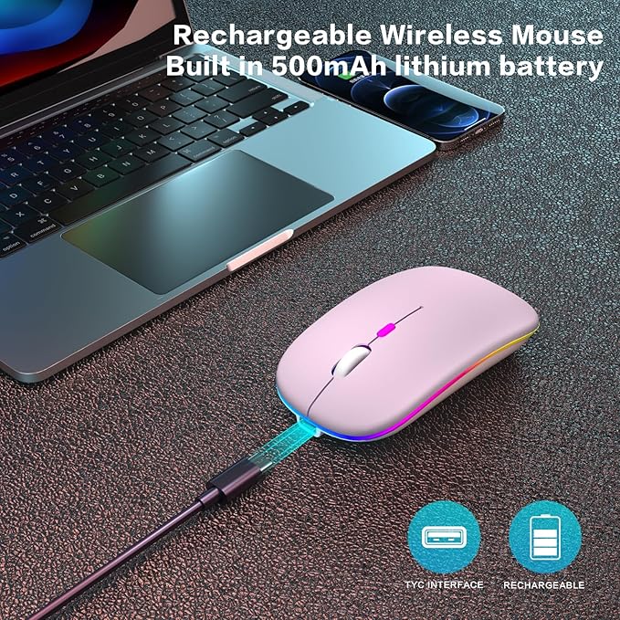AIKOKOK Wireless Bluetooth Mouse, Rechargeable, Dual Mode Bluetooth 5.2 & 2.4G USB, LED Lights, Slim, Silent, Portable Computer Mouse for Laptop, PC, MacBook, iPad, Tablet (Pink)