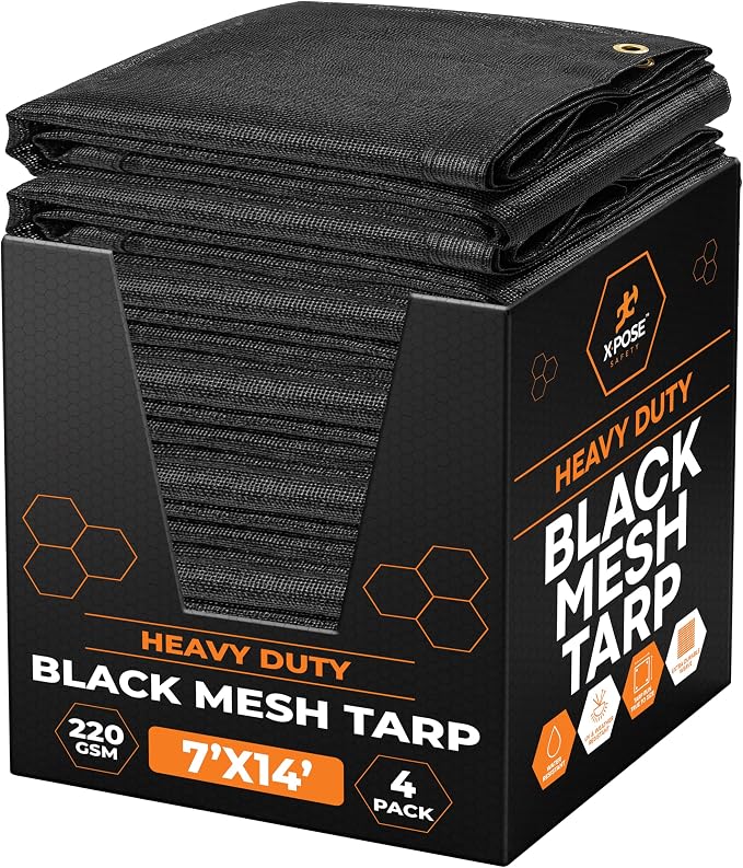 Xpose Safety Heavy Duty Mesh Tarp 7' x 14' (4-Pack) – Multipurpose Black Protective Cover with Air Flow - Use for Tie Downs, Shade, Fences, Canopies, Dump Trucks – Weather and Tear Resistant