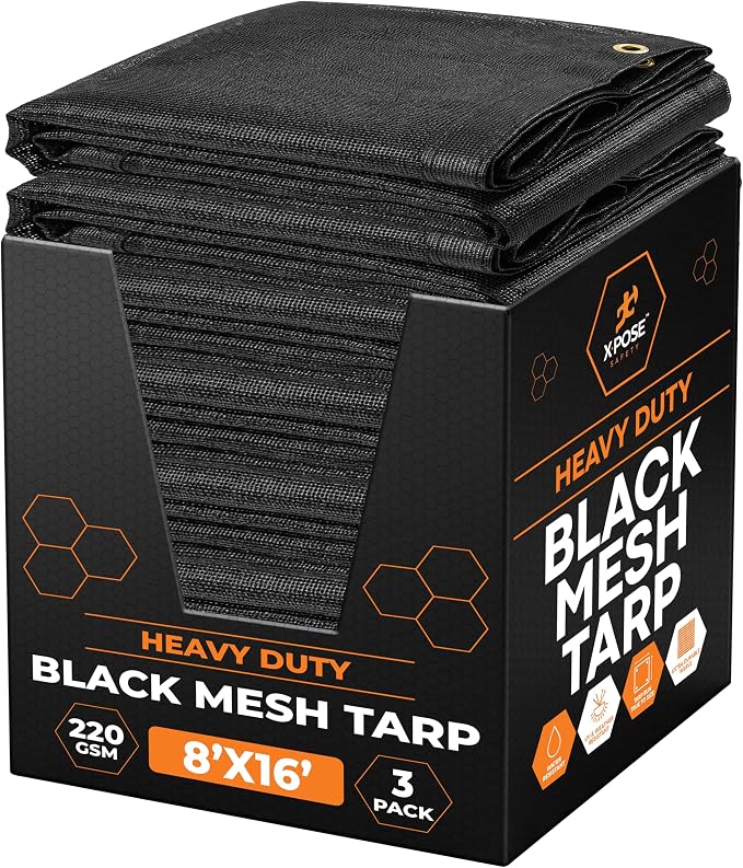 Xpose Safety Heavy Duty Mesh Tarp 8' x 16' (3-Pack) – Multipurpose Black Protective Cover with Air Flow - Use for Tie Downs, Shade, Fences, Canopies, Dump Trucks – Weather and Tear Resistant