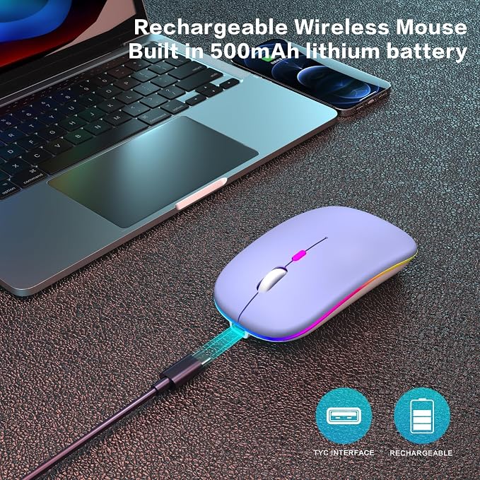 AIKOKOK Wireless Bluetooth Mouse, Rechargeable, Dual Mode Bluetooth 5.2 & 2.4G USB, LED Lights, Slim, Silent, Portable Computer Mouse for Laptop, PC, MacBook, iPad, Tablet (Purple)