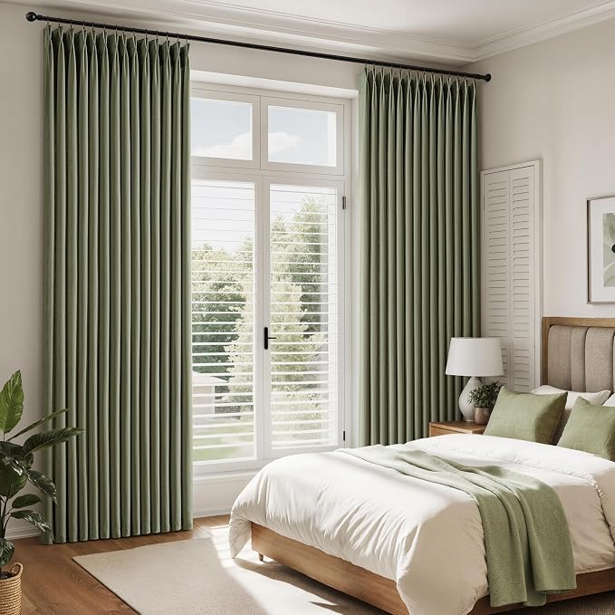 Memory Trained Pinch Pleated Curtains 96 Inches Long, Linen Pinch Pleat Sheer Curtains with Ring Hooks&Clips for Track System Living Room, Oliver Green Light Filtering Privacy Curtain 2 Panel Set