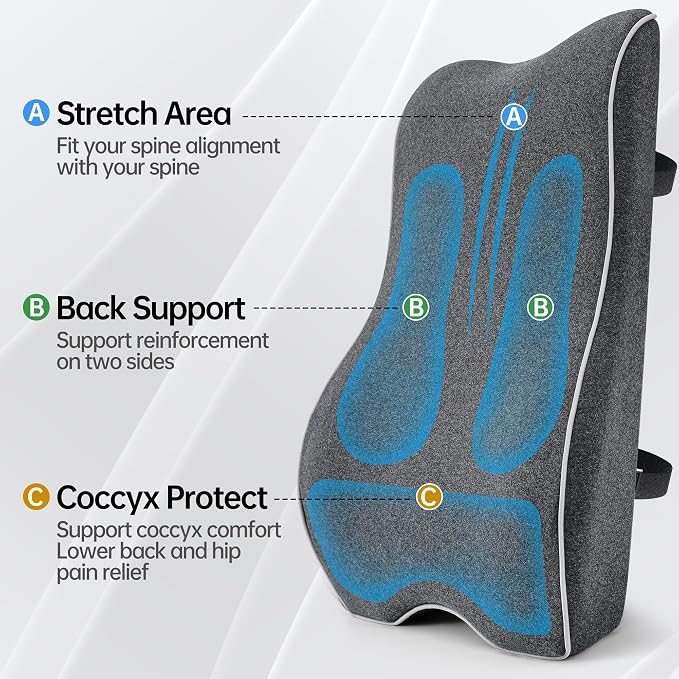 Lumbar Support Pillow for Office Chair Car Seat Gaming Chair, Memory Foam Back Support Pillow, Lumbar Cushion Back Cushion for Lower Back Pain Relief, Adjustable Strap Washable Cover-Dark Grey