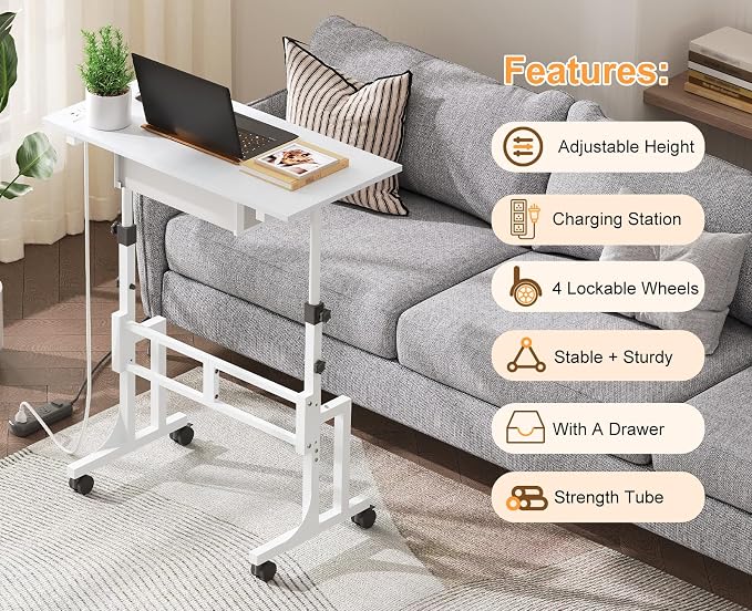 Cidaziya Small Adjustable Height Standing Desk with Storage Drawers, Rolling Sit Stand Up Desk with Wheels Charging Station, Adjustable Mobile Portable Table for Walking Pad Laptop Treadmill Computer