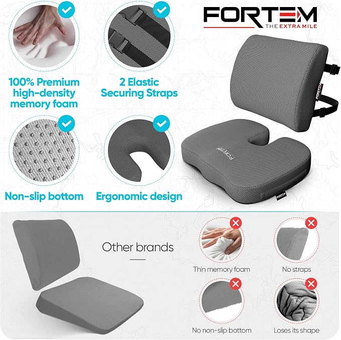 FORTEM Seat Cushion, Office Chair Cushion, Lumbar Support Pillow for Office Chair, Memory Foam Car Seat Cushions, Sciatica Coccyx Tailbone Pain Relief, Cushions for Back Support, Washable, Non Slip XL
