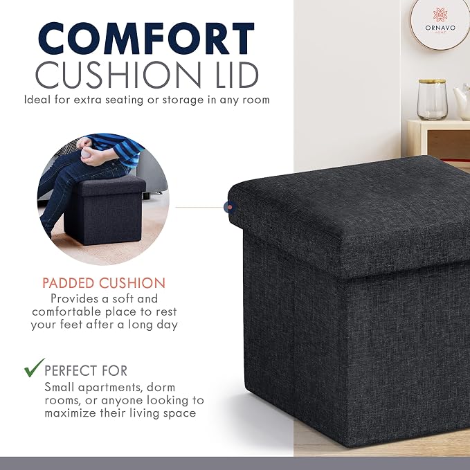 Ornavo Home Small Storage Ottoman Foldable Collapsible Cube Square Linen Ottoman Foot Rest Stool Seat, for Living Room, Bedroom, Home Office, Dorm - 12 x 12 x 12, Black