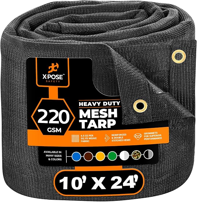 Xpose Safety Heavy Duty Mesh Tarp 10' x 24' – Multipurpose Black Protective Cover with Air Flow - Use for Tie Downs, Shade, Fences, Canopies, Dump Trucks – Weather and Tear Resistant