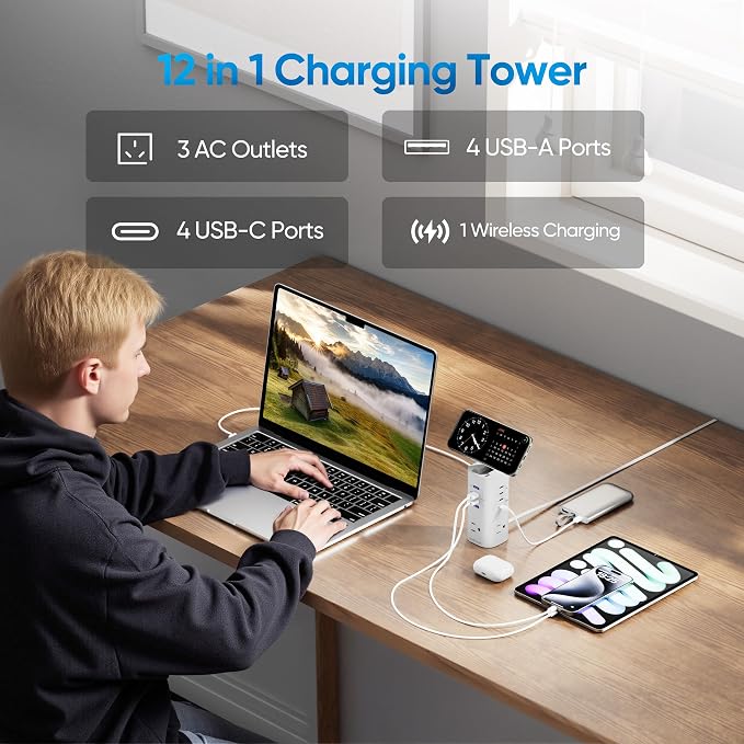 TenTrend Power Strip Tower Surge Protector, 115W Fast Charging Station with 3AC Outlets & 8 USB Ports (4 USB-C), 5FT Extension Cord Flat Plug for Home, Office, Dorm Room