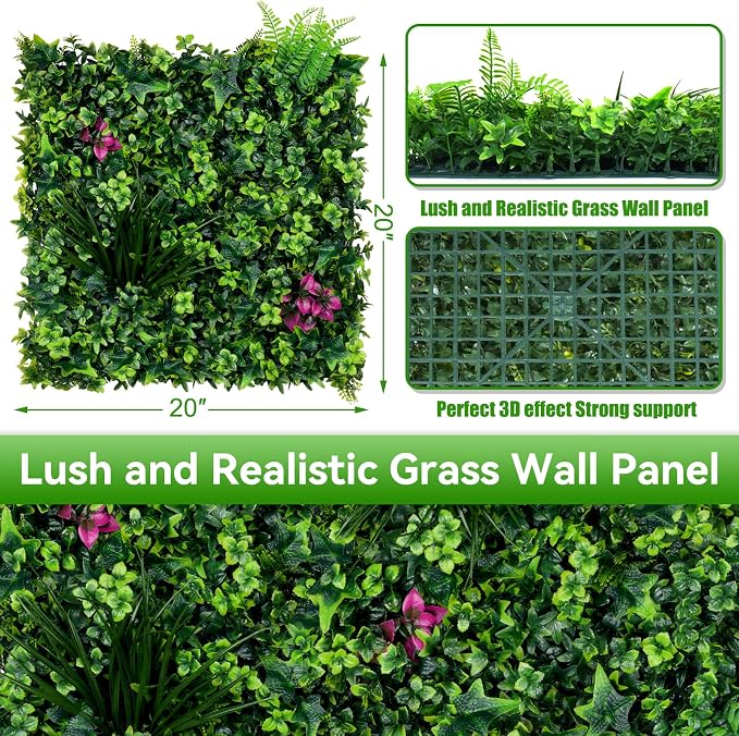 Artificial Grass Wall Panels, 20"x20" 6pcs Greenery Backdrop with Mint Plant Leaves, UV-Anti Fake Greenery Plant Boxwood Panels for Privacy Fence Screen, Outdoor Green Wall Decor for Patio Garden