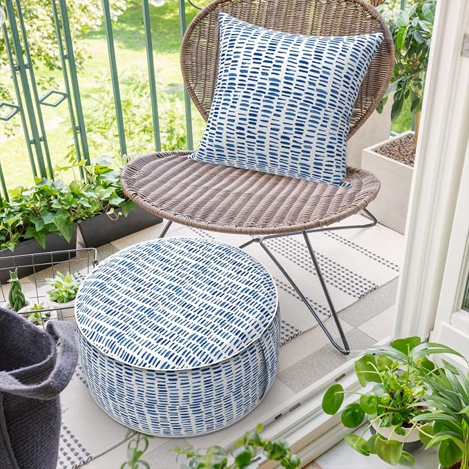 DYTXIII Inflatable Ottoman Stool D21 xH9 for Outdoor/Indoor Use, Water Repellent Patio Foot Rest Stool with Portable Handle,Round Pouf Ottoman Suitable for Garden,Deck and Camping - Pebble Blue