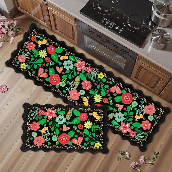 Arenarug Scalloped Black Kitchen Mats for Floor 2PC Cushioned Anti Fatigue Kitchen Mats Rugs Waterproof Non Slip Boho Floral Comfort Foam Standing Mat for Sink Laundry,17.3x30+17.3x59