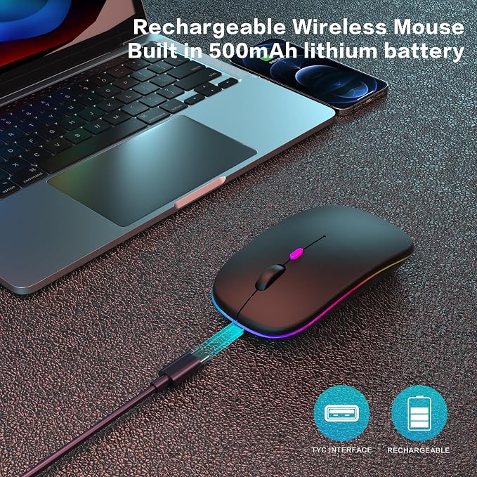 AIKOKOK Wireless Bluetooth Mouse, Rechargeable, Dual Mode Bluetooth 5.2 & 2.4G USB, LED Lights, Slim, Silent, Portable Computer Mouse for Laptop, PC, MacBook, iPad, Tablet (Pearl Black)