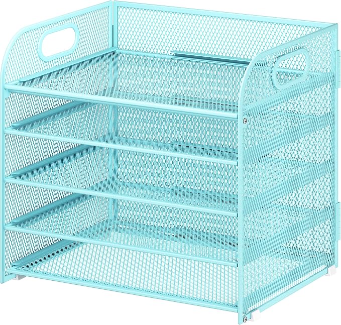 Cawukege 5 Tier Paper Organizer with Handle, Blue Metal Mesh Desk Organizer File Folder Paper Letter Tray Desktop Document Sorter for Classroom, School, Office Accessories Organization and Storage