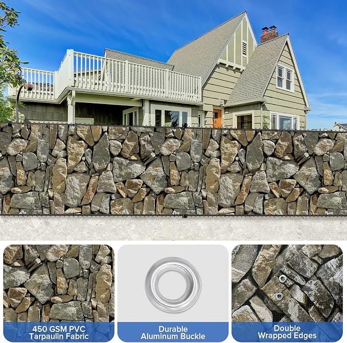 UPGRADE 4'x45'Customized PVC Privacy Fence Screen with Stone Wall Print – Outdoor Waterproof Patio Privacy Cover for Yard, Balcony, Garden Fence Decoration