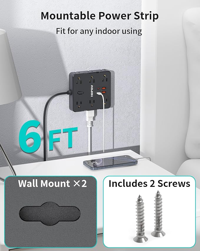 HOPOW 2 Prong Power Strip, 2 Prong to 3 Prong Outlet Adapter with 12 AC & 4 USB(2 USB-C), 1700J Two Prong Surge Protector, 6FT Extension Cord, Wall Mountable, Ideal for Old House Non-Grounded Outlets
