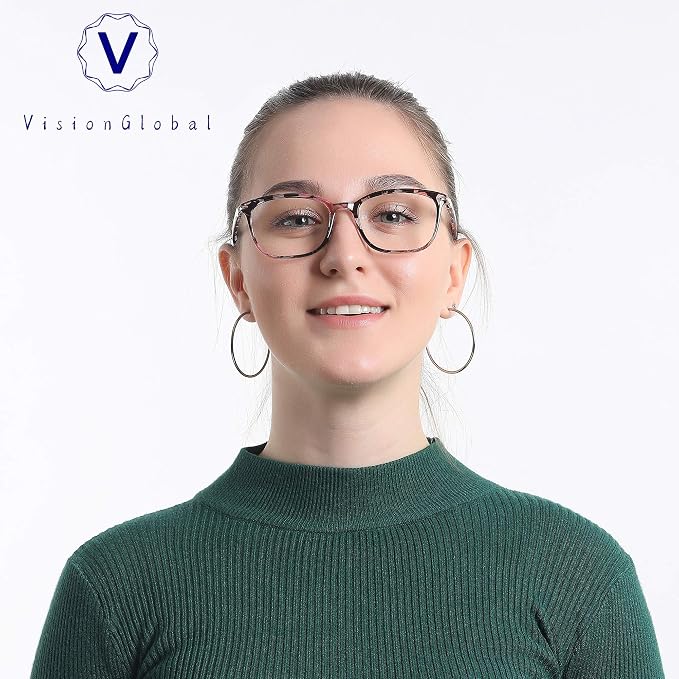 VisionGlobal Blue Light Blocking Glasses for Women, Anti Eyestrain, Computer Reading, TV Glasses, Stylish Square Frame, Anti Glare(No Magnification)