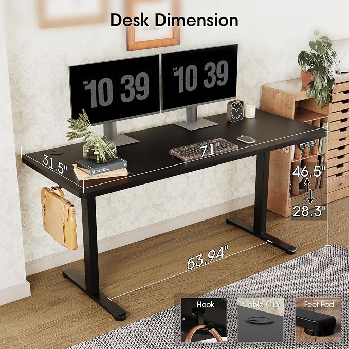 Monomi Electric Standing Desk, 71 x 31.5 inches Height Adjustable, Ergonomic Home Office Sit Stand Up Desk with Memory Preset Controller (Black Top/Black Frame)