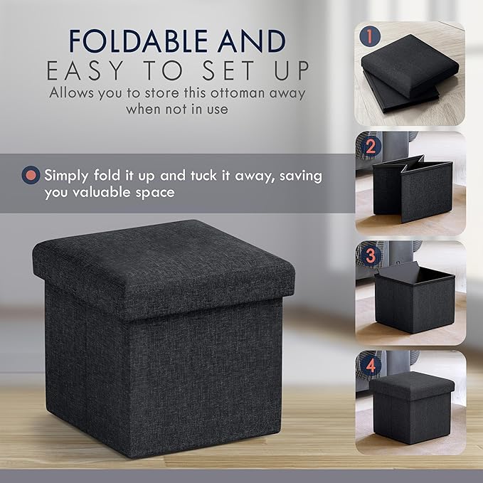 Ornavo Home Small Storage Ottoman, Set of 2 Foldable Collapsible Cube Square Linen Ottoman Foot Rest Stool Seat, for Living Room, Bedroom, Home Office, Dorm - 12 x 12 x 12, Black