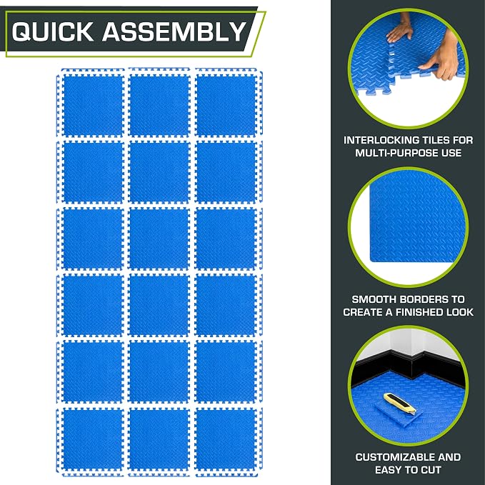ProsourceFit Exercise Puzzle Mat ½-inch, EVA Interlocking Foam Floor Tiles for Home Gym, Workout Equipment, Kids Play Areas, Blue, 72 SQ FT - 18 Tiles
