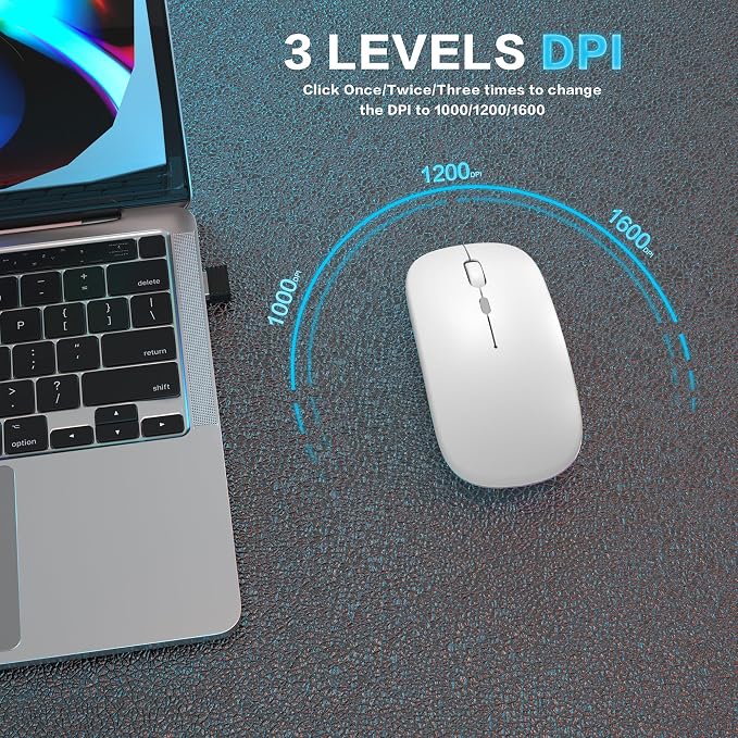AIKOKOK Wireless Bluetooth Mouse, Rechargeable, Dual Mode Bluetooth 5.2 & 2.4G USB, LED Lights, Slim, Silent, Portable Computer Mouse for Laptop, PC, MacBook, iPad, Tablet (Bright White)
